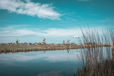 Windmills in Zaanse Schans Outdoor museum, Netherlandsのeditorial素材