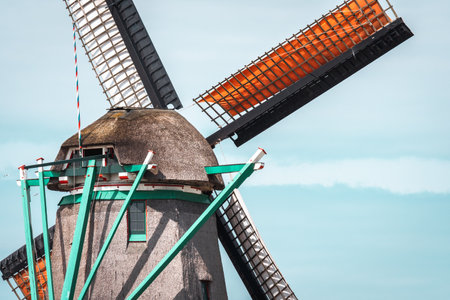 Detailed look at the top of the old Windmill in Zaanse Schans, Netherlandsのeditorial素材