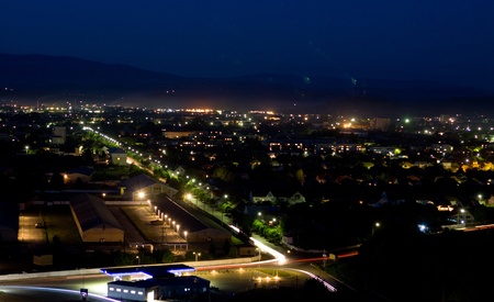 Night panoramic view of Mukachevo city. Ukraineの写真素材