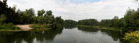 Green bank of a lake. Saturated colors.