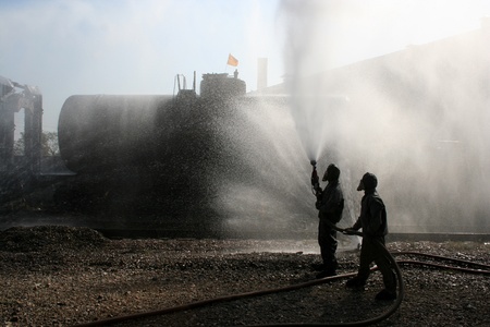 firefighters in chemical protection suit during the jobのeditorial素材