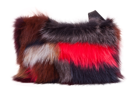 Fur bag isolated on white background  womens bag with fur on whiteの写真素材