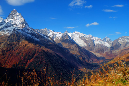 Landscape of mountains Caucasus region in Russia Mountain peaks in clouds. Caucasus. Dombay.の写真素材