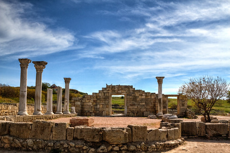 Ancient Greek basilica and marble columns. Chersonesus Taurica near Sevastopol in Crimeaの写真素材