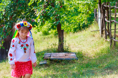 Ukrainian traditional wreaths against the leaves backgroundの写真素材