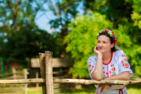 Ukrainian traditional wreaths against the leaves backgroundの写真素材
