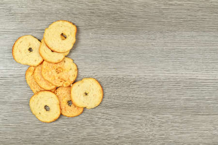 Stack of square crackers in basket. in wooden basketの写真素材