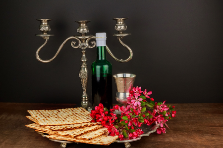 Matzo passover with wine and matzoh jewish passover bread Pesach Still-life with wine and matzoh