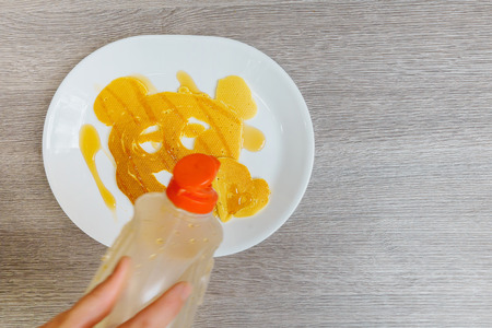 Pancakes with smile on wood background Pancakeの写真素材