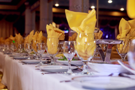 Beautiful served table for wedding or other celebration in restaurant table decorated for celebrationの写真素材