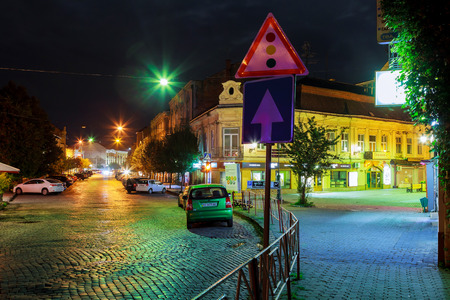 October 14. 2016 downtown Night Uzhgorod Ukraine road lightsのeditorial素材