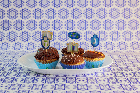 Jewish holiday Hanukkah cupcake Gourmet cupcakes decorated with white and blue icing for Hanukkah.の写真素材