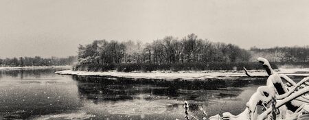 Winter landscape with the wood river. Ukraine Zakarpattya winterの写真素材