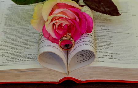 Wedding rings on Bibleの写真素材