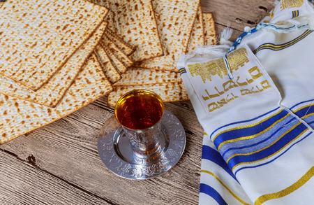 Matzo for Passover and wine on table