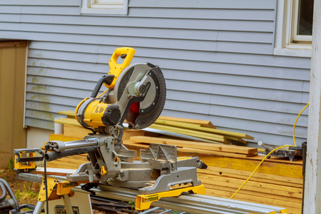 Circular saw cutting wooden plank blade concepts Carpenter cutting woodenの写真素材