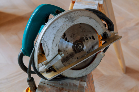Close up electric circular saw cutting wood Wood cutting with circular sawの写真素材