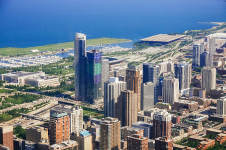 CHICAGO, USA - 20 July, 2017: Aerial view of cityscape of Chicago at sunset with Chicago view of the cityのeditorial素材