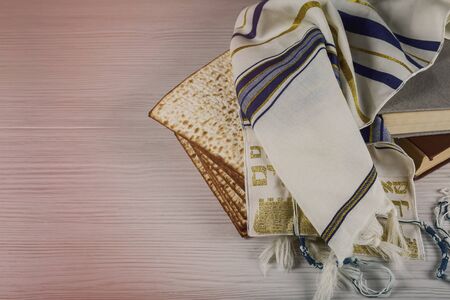 Jewish bread matza on wood matzah or matza on a vintage wood
