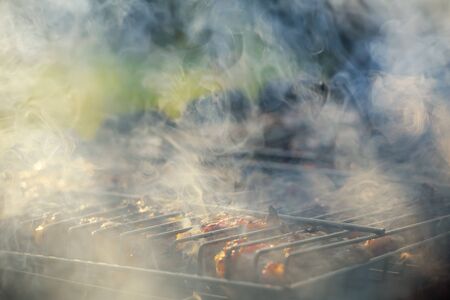 Smoked chicken Pieces chicken meat is baked on fire and smokeの写真素材