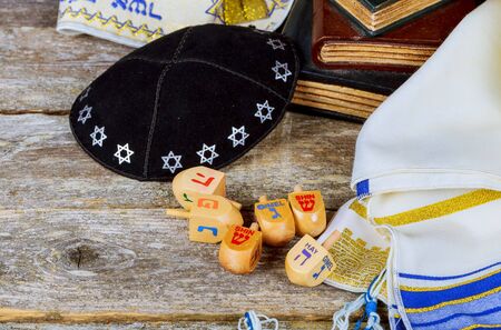 Image of jewish holiday Hanukkah with wooden dreidels colection spinning topの写真素材