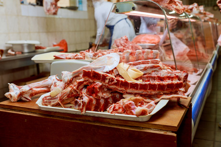 butcher sells meat to the farmer's marketFarmer's market - meat assortment, natural, organic productsの写真素材