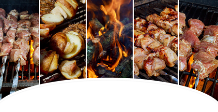 Grilled kebab cooking on metal skewer closeup. Roasted meat cooked at barbecue. BBQ fresh beef meat chop slices. Traditional eastern dish, shish kebab. Grill on charcoal Collage from different picturesの写真素材