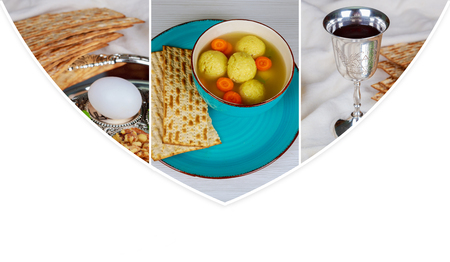 Symbols of Passover background. wine and matzoh jewish holiday bread over wooden board. Photo...