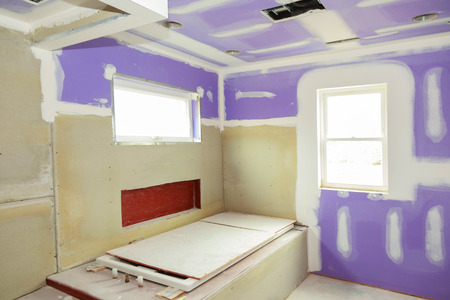 New under construction bathroom interior with drywall and patching drywall tape bathroomの写真素材