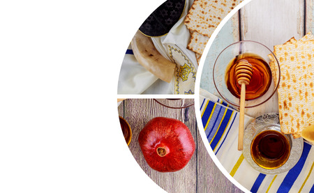 Rosh hashanah jewesh holiday concept: Shofar and tallit apple and pomegranate, honey, with space for text Shofar and tallitの写真素材