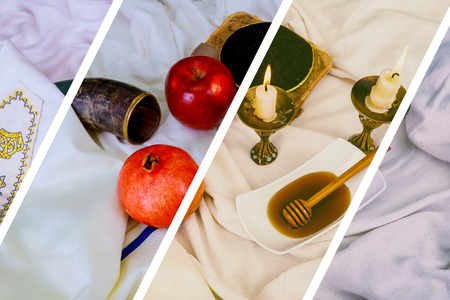 Jewesh holiday shofar, torah book, honey, apple and pomegranate rosh hashanah traditional holiday symbols.の写真素材
