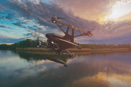 Beautiful morning over drone flying the sea a lake at sunset with colourful sky full of clouds