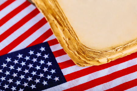 American flag wooden background. Flag United States Of America. The an old book form template.