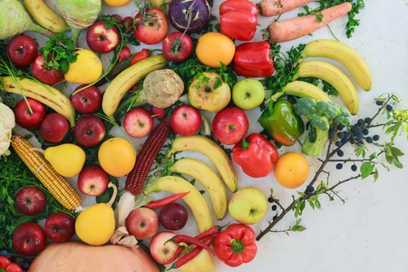 thanksgiving day fresh fruits and vegetables on white harvest background