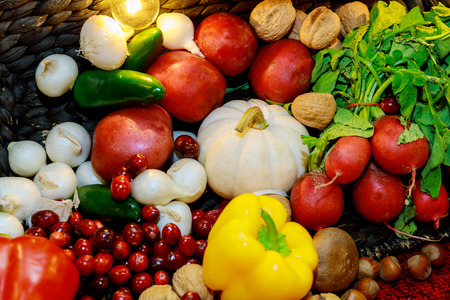 Agriculture harvested products on autumn background from fallen fruits with setting on. Thanksgiving...