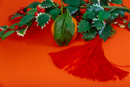 Chinese New Year Decoration Red Symbolizes Good Luck decorations and tangerinesの写真素材