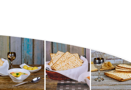 Jewish Passover hot homemade matzo ball soup in a bowl Collage different pictures