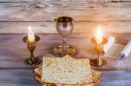 Jewish eve passover celebration matzah bread with wine pesah holidayの写真素材
