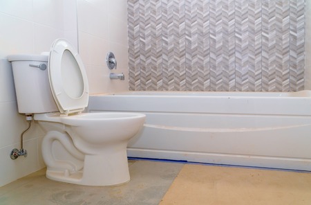 Beautiful new master bathroom with oval marble shower curtain.の写真素材