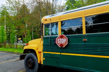 Yellow of school bus in sunny day on parked american buses