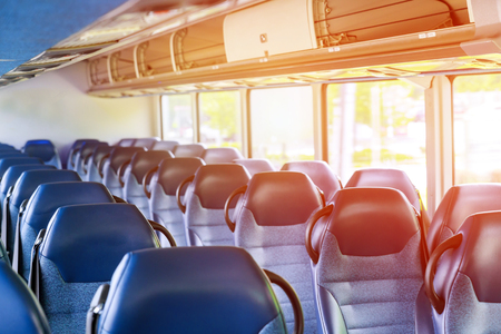 Blue seat in interior of coach seats in tourist busの写真素材