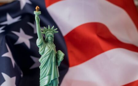 Statue of Liberty in the background of flag USAの写真素材