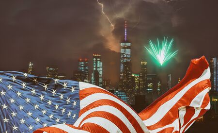 Fourth of July Independence day in New York City Lower Manhattan NYC Patriotic Flagの写真素材