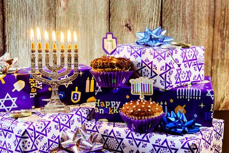 A still life composed of elements of the Jewish Chanukah Hanukkah festival. jewish holiday Hanukkahの写真素材