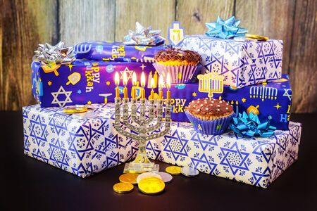 jewish holiday Hanukkah Festive composition for Hanukkah on dark backgroundの写真素材