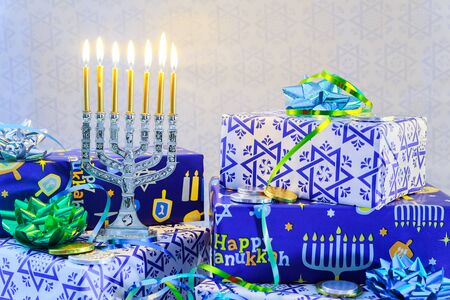 A still life composed of elements of the Jewish Chanukah Hanukkah festival. jewish holiday Hanukkahの写真素材