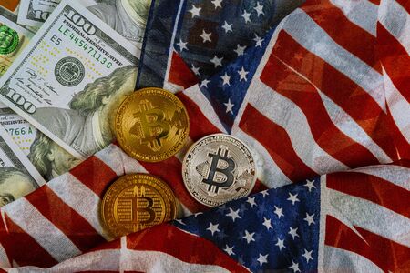 American flag on US dollars background and bitcoin, new economy on the new virtual money trading