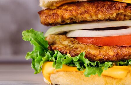 Classic cheeseburger with cheese lettuce, onions, tomato and meat.の写真素材