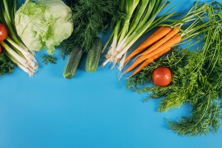Colorful raw vegetables from garden on blue background.