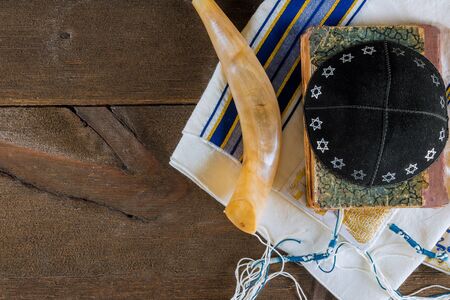 Jewish religion holiday with shofar horn kippah and tallit prayer bookの写真素材